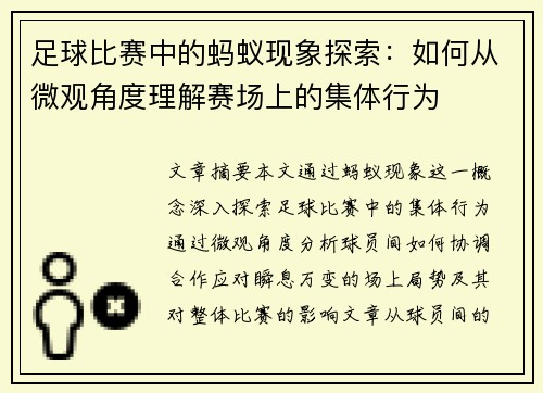 足球比赛中的蚂蚁现象探索：如何从微观角度理解赛场上的集体行为