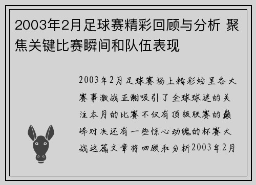 2003年2月足球赛精彩回顾与分析 聚焦关键比赛瞬间和队伍表现