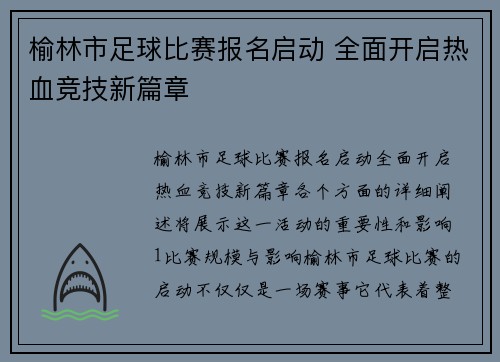 榆林市足球比赛报名启动 全面开启热血竞技新篇章