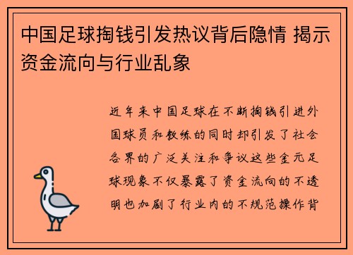 中国足球掏钱引发热议背后隐情 揭示资金流向与行业乱象