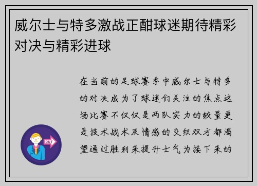 威尔士与特多激战正酣球迷期待精彩对决与精彩进球