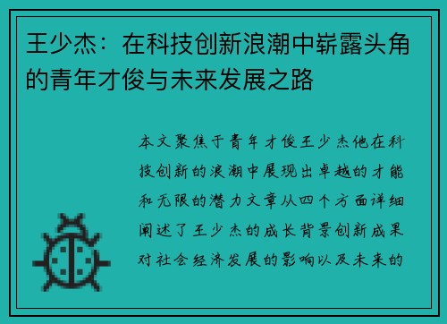 王少杰：在科技创新浪潮中崭露头角的青年才俊与未来发展之路