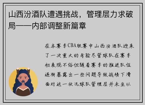 山西汾酒队遭遇挑战，管理层力求破局——内部调整新篇章
