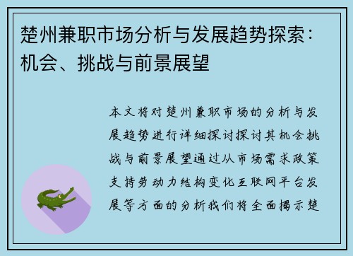 楚州兼职市场分析与发展趋势探索：机会、挑战与前景展望