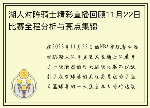 湖人对阵骑士精彩直播回顾11月22日比赛全程分析与亮点集锦
