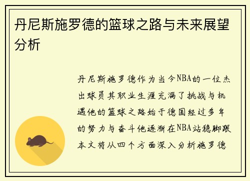 丹尼斯施罗德的篮球之路与未来展望分析