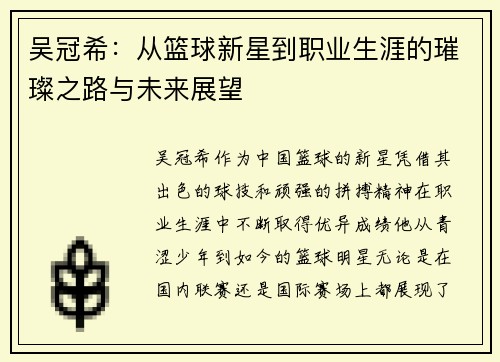 吴冠希：从篮球新星到职业生涯的璀璨之路与未来展望