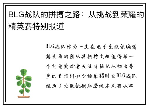 BLG战队的拼搏之路：从挑战到荣耀的精英赛特别报道