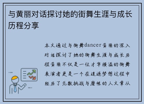 与黄丽对话探讨她的街舞生涯与成长历程分享