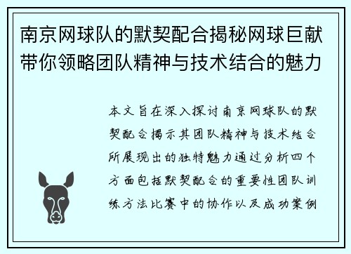 南京网球队的默契配合揭秘网球巨献带你领略团队精神与技术结合的魅力