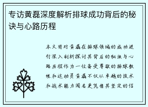 专访黄磊深度解析排球成功背后的秘诀与心路历程