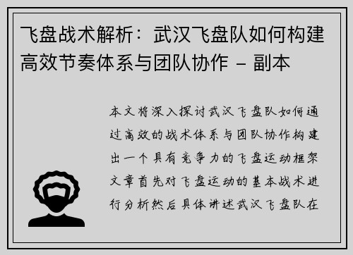 飞盘战术解析：武汉飞盘队如何构建高效节奏体系与团队协作 - 副本